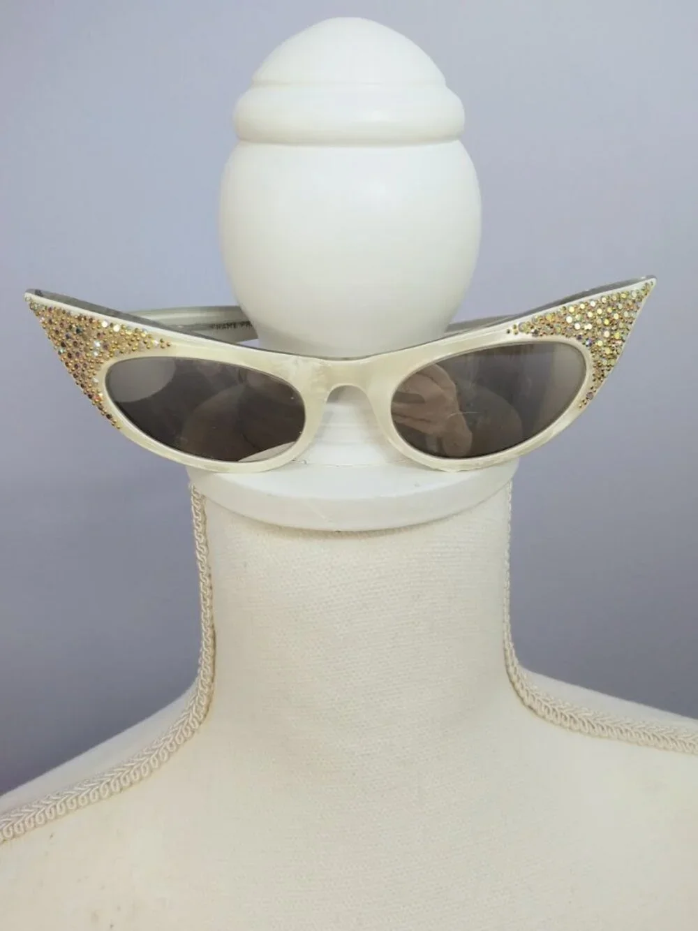 Vintage Cat Eye Sunglasses White Frame France Rhinestone Mirrored Lenses 60s Mod